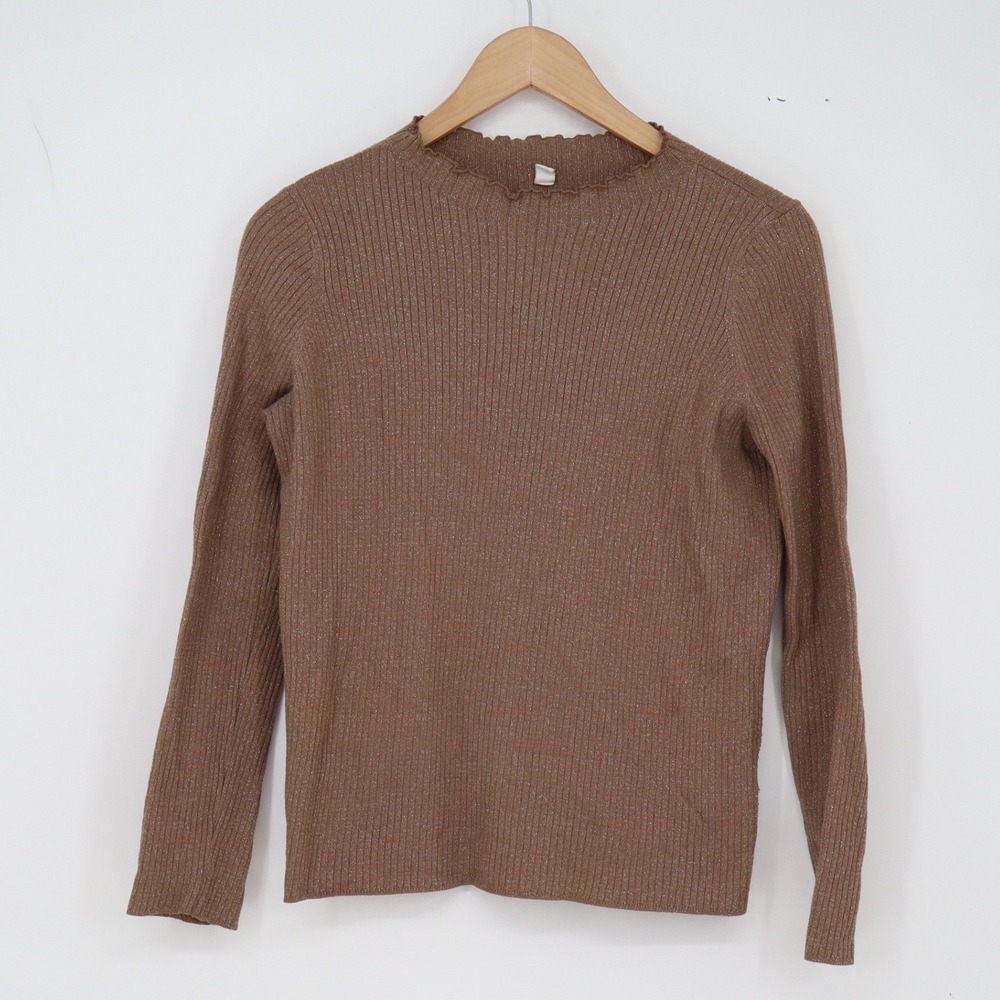 Uniqlo Sweater Womens L Brown Metallic Ribbed Mock Neck Good